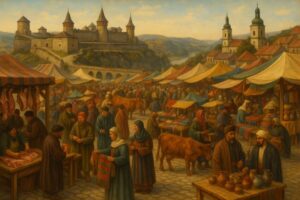 малюнок-реконструкцію Кам’янецького ярмарку, опираючись на дослідження історика.