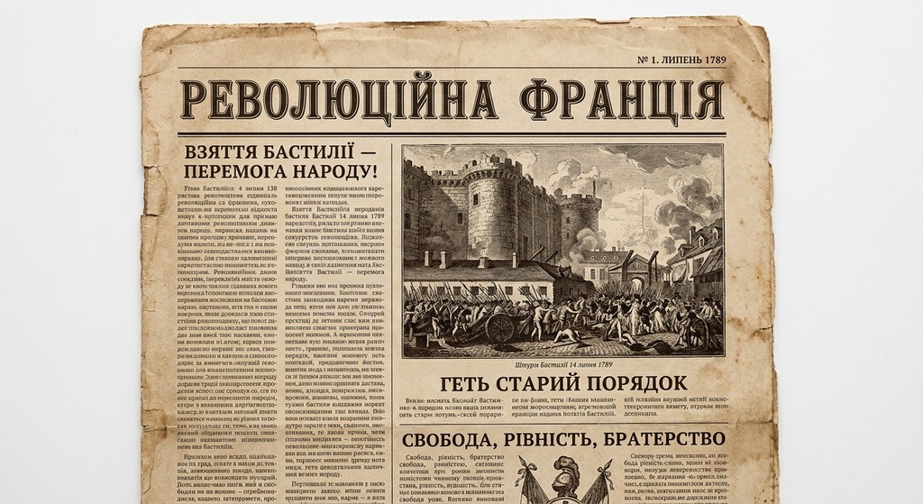 Стилізована під старовину газета «Революційна Франція» від липня 1789 року з новиною про взяття Бастилії, ілюстрацією штурму та гаслом «Свобода, рівність, братерство».